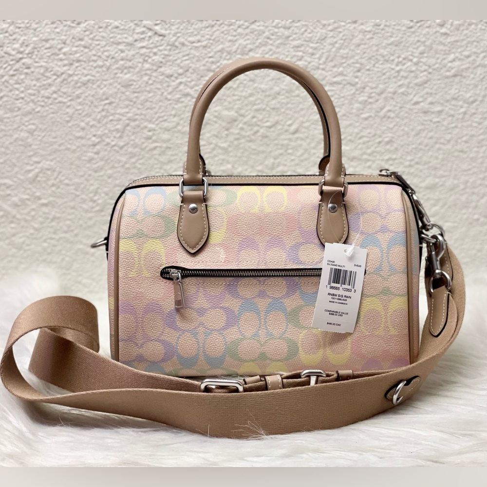 NWT Coach Rowan Satchel Bag In Rainbow Signature Canvas CDA90 Sand Multi - Picture 2 of 11